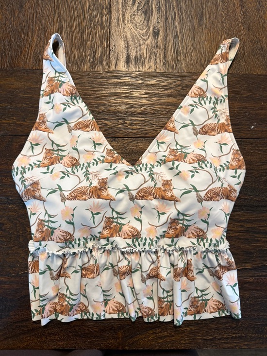 Kortni Jeane Other - Kortni Jeane Cream and Brown Tiger-Print Peplum swim top
